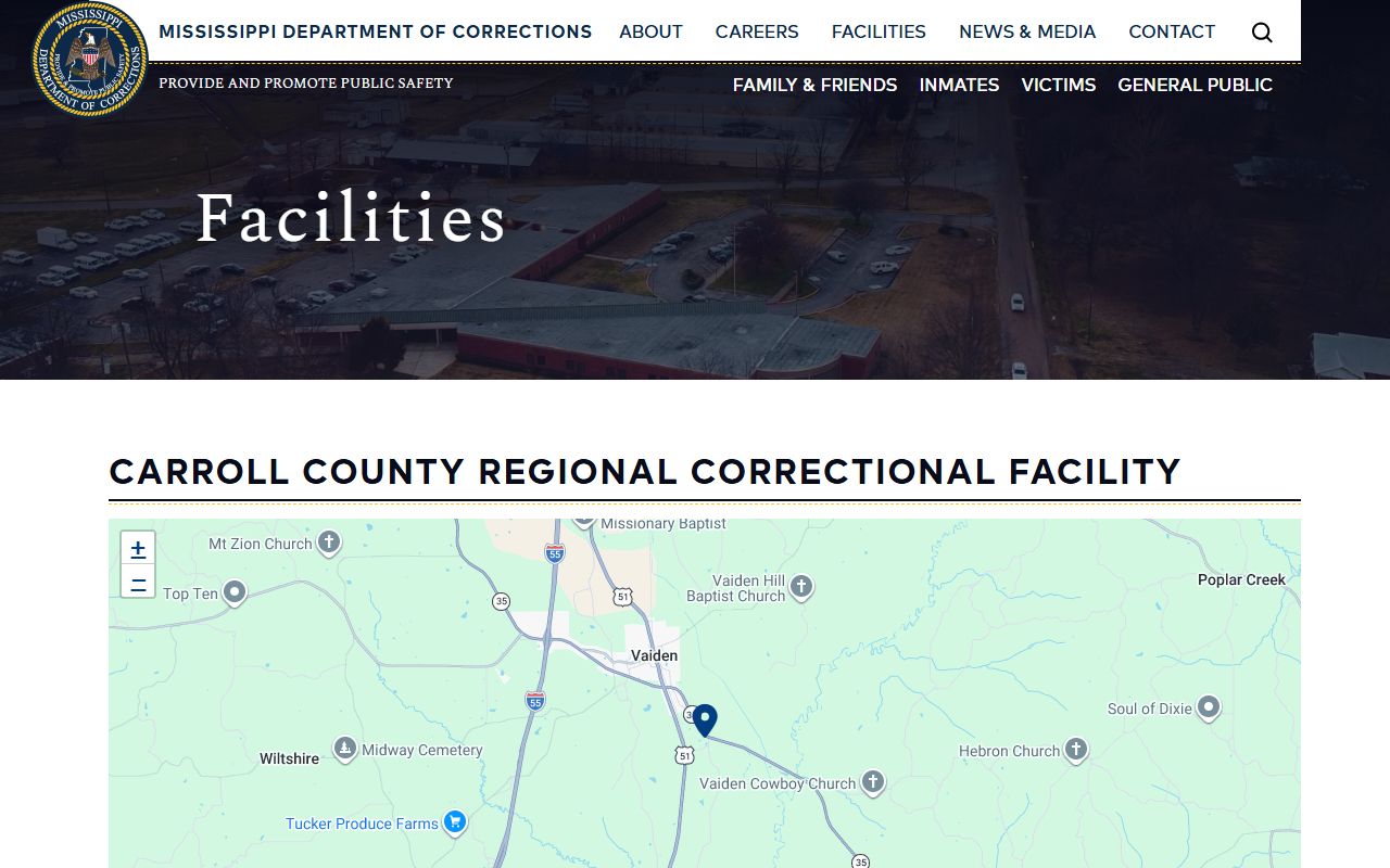 MDOC Carroll County Regional Correctional Facility page listing warden, type, address, and phone