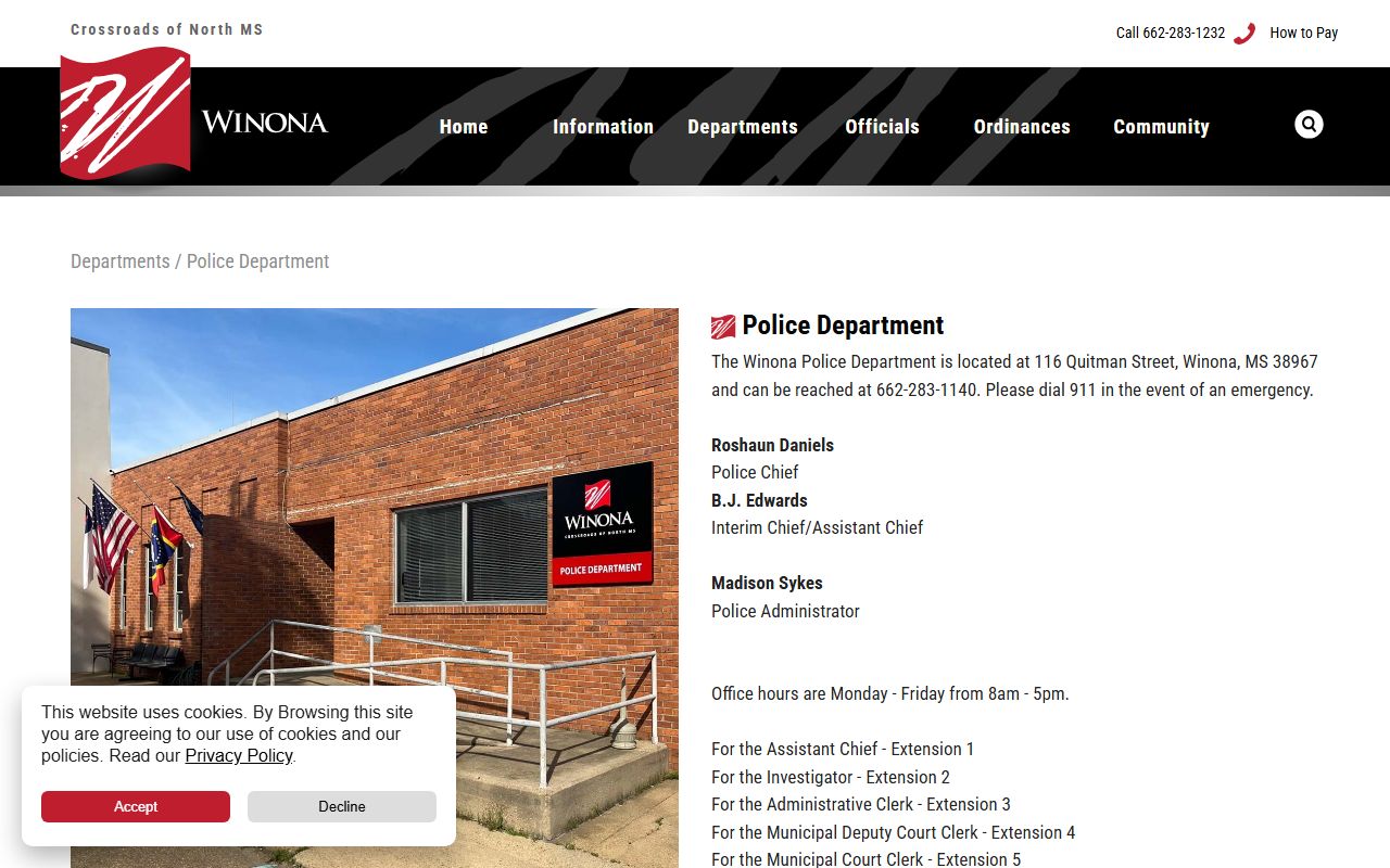 Official Winona Police Department page showing address, phone, leadership, and office hours